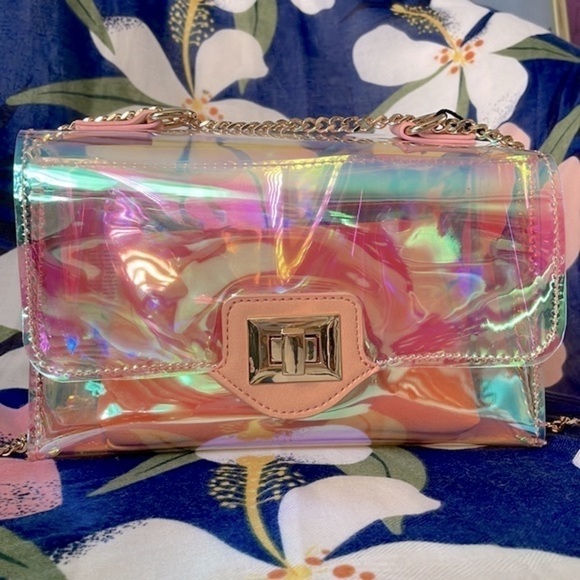 Brand New Steve Madden Iridescent Clear Chain Purse w/ Peachy Pink Inner Pouch - Picture 2 of 16